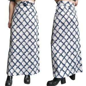 70s Vintage Highwaisted Maxi Skirt Geometric Grid Check Bamboo Pattern Print.